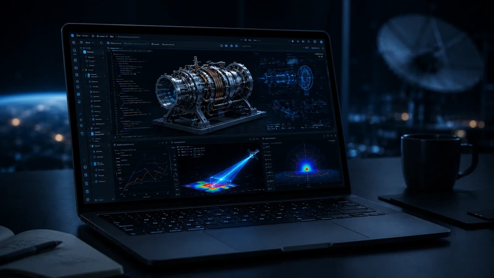 Stellios Genesis running a CAD model alongside simulation charts and a beam analysis